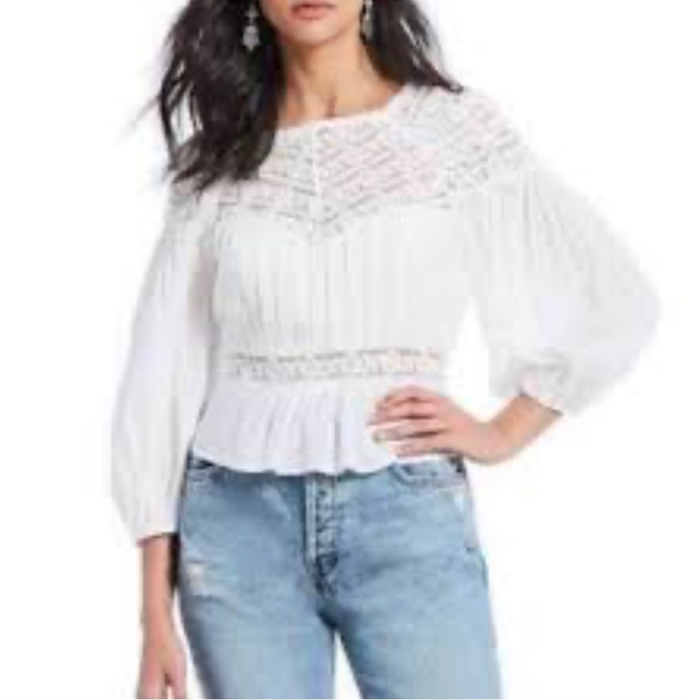Free People Size Small White ‘Sweet Mornings’ Woven and Lace Top Peasant Boho
